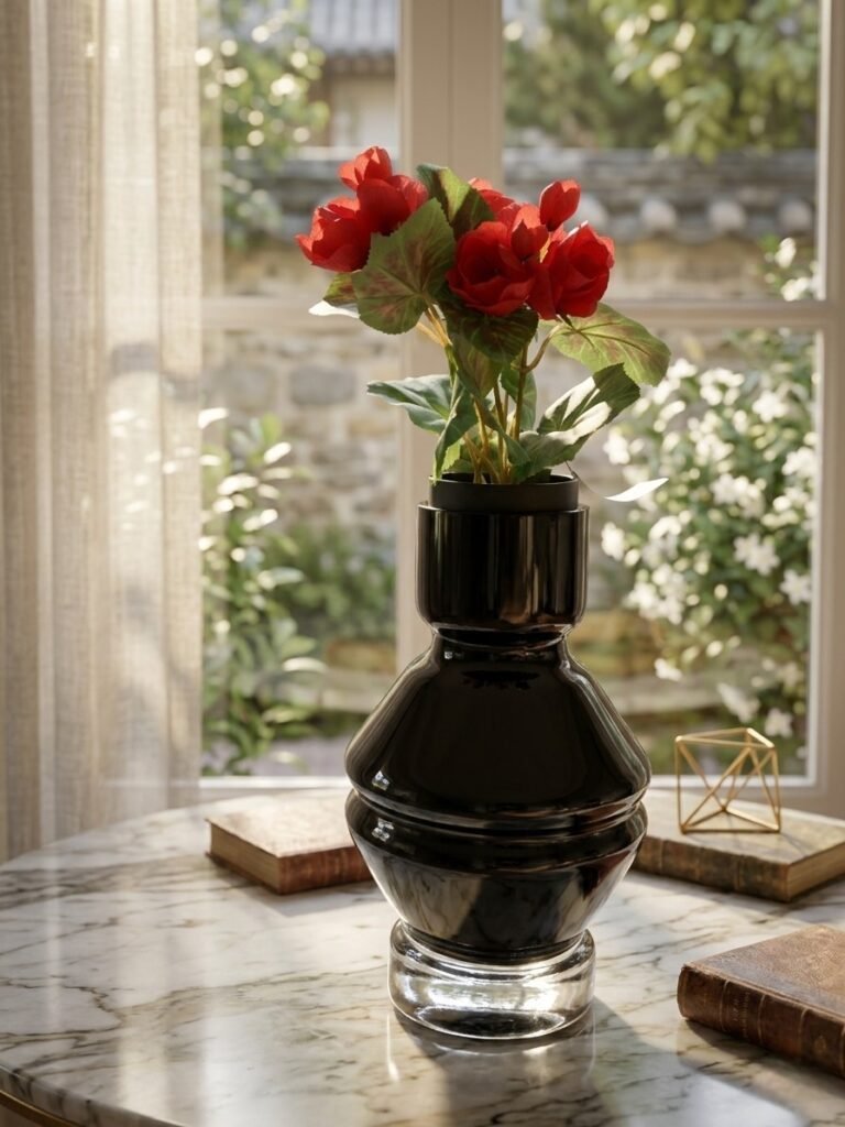 Vase Contemporain en Verre Noir Sculpté