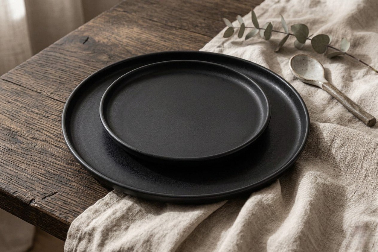 Service d&rsquo;Assiettes Noires en Grès  prix : 110 DH