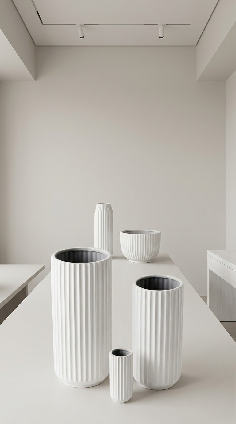 Collection de Vases en Céramique Rainurée Blanche